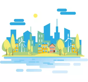 Vinilo decorativo ilustración Ciudad azul con mar - TenVinilo
