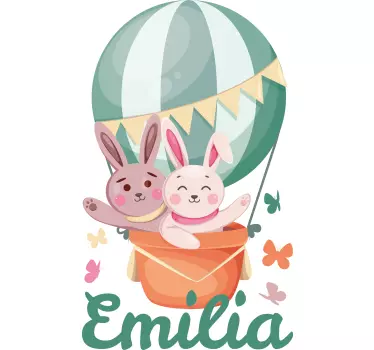 Vinilo pared infantil conejitos personalizados en globo - TenVinilo