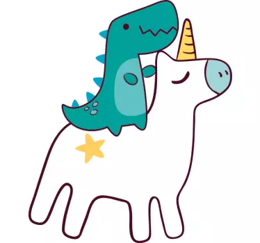 Vinilo pared infantil dinosaurio montando unicornio - TenVinilo