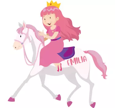 Vinilo pared infantil princesa montando unicornio con nombre - TenVinilo