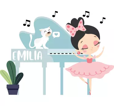 Vinilo pared infantil chica gata de ballet con nombre - TenVinilo