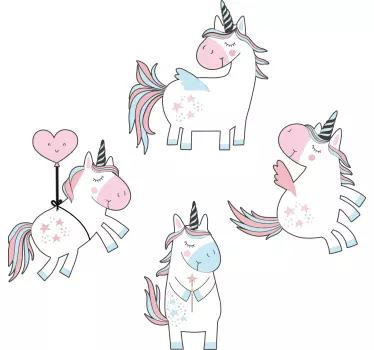 Vinilo pared infantil encantadoras figuras de unicornio - TenVinilo