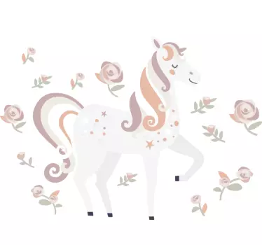 Vinilo decorativo cuento infantil Unicornio rosa y alto con flore - TenVinilo
