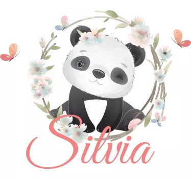 Vinilo infantil panda con flores y nombre - TenVinilo