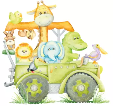 Vinilo dormitorio infantil animales de la selva en jeepLos animal - TenVinilo