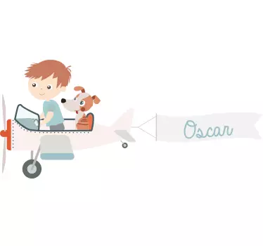 Vinilo ilustración niño y perro en un avión - TenVinilo