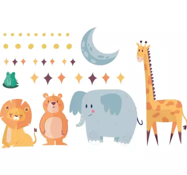 Vinilo infantil animales felices bajo la luna y estrellas - TenVinilo