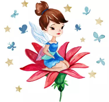 Vinilo infantil hada sobre flor roja - TenVinilo