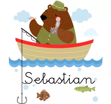 Vinilo habitación infantil oso pescador con nombre - TenVinilo
