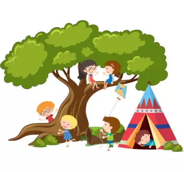Vinilo pared infantil aventura en el árbol juguetón - TenVinilo