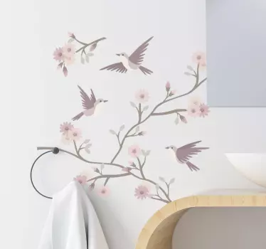 Árbol en vinilo con flores primaverales y pájaros - TenVinilo