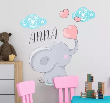 Vinilo pared elefante con corazones y nombre - TenVinilo