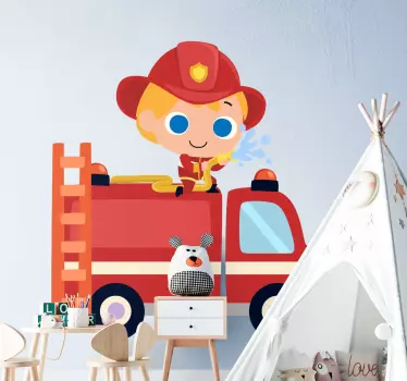 Mural infantil habitación Camión de bomberos para niños - TenVinilo
