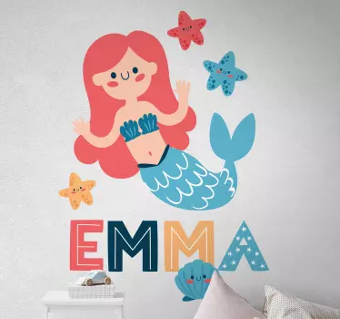 Mural habitación infantil Sirena colorida con nombre - TenVinilo