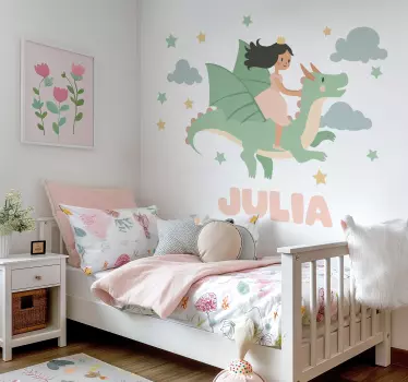 Vinilo cuento infantil niña montando un dragón - TenVinilo