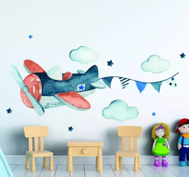 Vinílico infantil avión con nubes estilo nórdico - TenVinilo