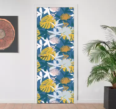 Vinilo adhesivo para puerta azul de flores - TenVinilo