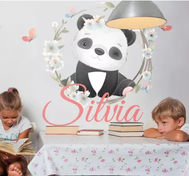 Vinilo infantil panda con flores y nombre - TenVinilo