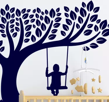 Vinilo de árbol para pared árbol ventoso con niña en columpio - TenVinilo