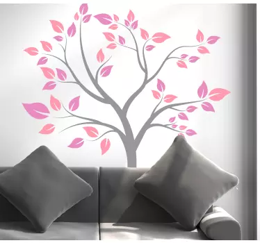 Vinilo de flor árbol gris con hojas rosas - TenVinilo