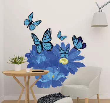 Vinilo de flor Flores de acuarela azul con mariposas - TenVinilo