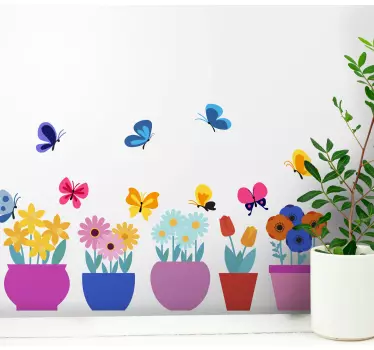 Vinilo de flor Macetas de flores de colores con mariposas - TenVinilo