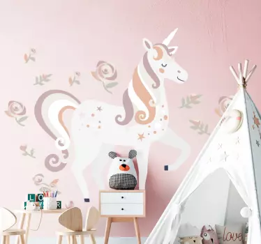 Vinilo decorativo cuento infantil Unicornio rosa y alto con flore - TenVinilo
