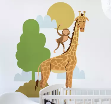 Vinilo decorativo de animal salvaje árbol con jirafas y monos. - TenVinilo