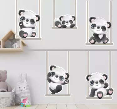 Vinilo decorativo de animal salvaje Pandas bebé en columpios - TenVinilo
