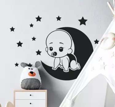 Vinilo decorativo ilustración Bebé en la luna con estrellas - TenVinilo