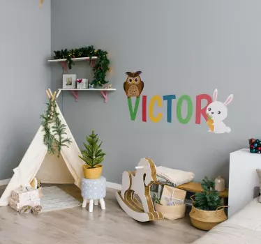 Vinilo decorativo ilustración Búho conejo nombre personalizado - TenVinilo