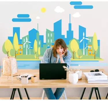 Vinilo decorativo ilustración Ciudad azul con mar - TenVinilo