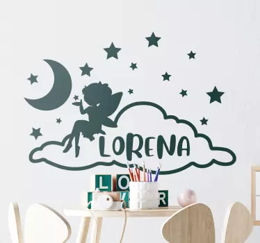 Vinilo decorativo ilustración Hada volando luna en una nube - TenVinilo