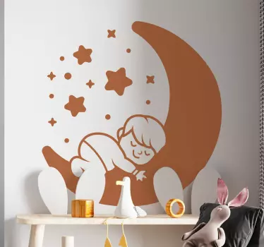 Vinilo decorativo ilustración Niño pequeño sentado en la luna - TenVinilo