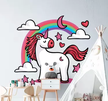 Vinilo decorativo infantil unicornio con arcoiris y nubes - TenVinilo