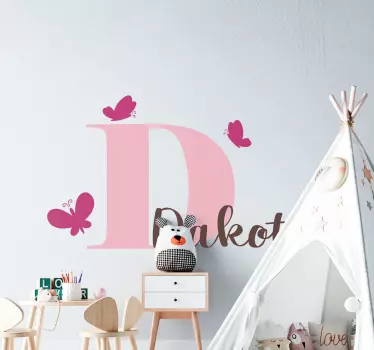 Vinilo decorativo mariposas rosas con inicial y nombre - TenVinilo