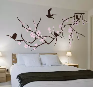 Vinilo flor rama horizontal y aves - TenVinilo
