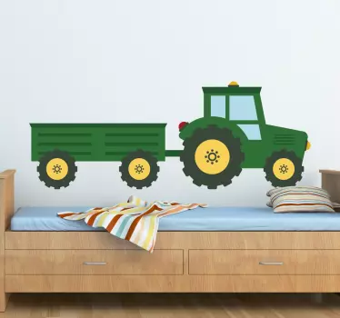 Vinilo decorativo tractor verde y vagoneta - TenVinilo