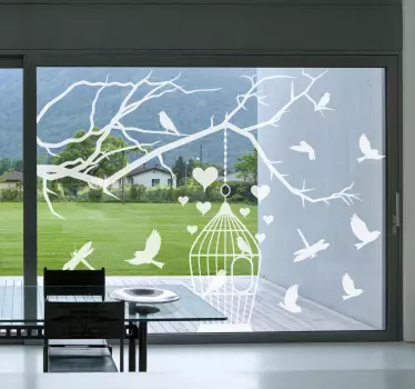 Vinilo para cristal ventana pájaros y corazones - TenVinilo