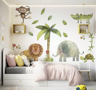 Vinilo dormitorio infantil animales de la jungla acuarela - TenVinilo