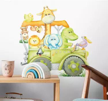 Vinilo dormitorio infantil animales de la selva en jeepLos animal - TenVinilo