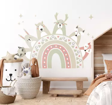 Vinilo dormitorio infantil arcoiris boho con animales salvajes - TenVinilo