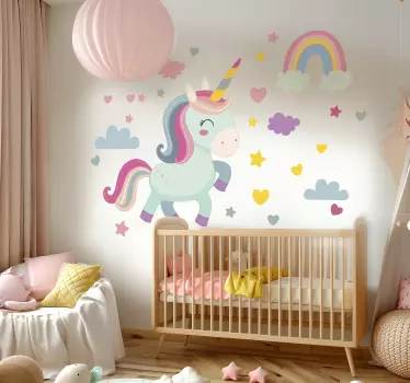 Vinilo dormitorio infantil feliz unicornio - TenVinilo
