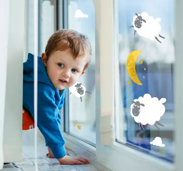 Vinilo para cristal ventana luna y estrellas con ovejas - TenVinilo