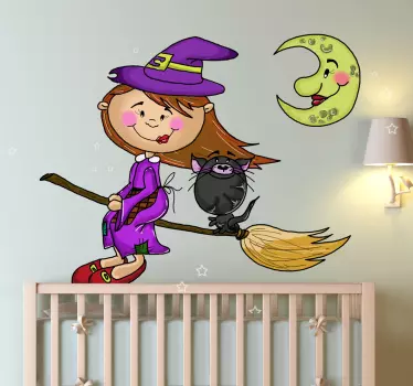Vinilo infantil bruja gato y luna - TenVinilo