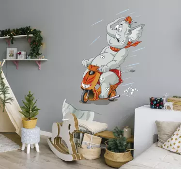 Vinilo infantil elefante en moto - TenVinilo