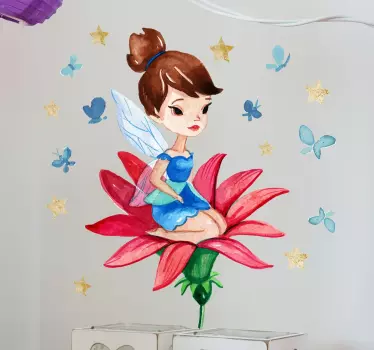 Vinilo infantil hada sobre flor roja - TenVinilo