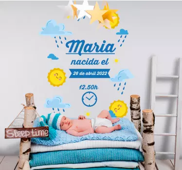Vinilo infantil información de nacimiento azul con sol - TenVinilo