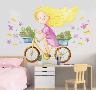 Vinilo infantil niña en bicicleta con flores - TenVinilo
