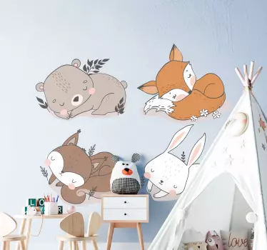 Vinilo infantil nórdico animalitos durmiendo - TenVinilo